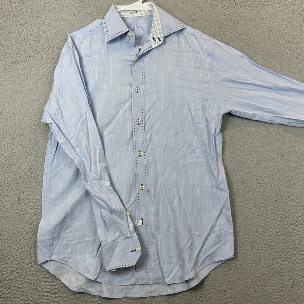 Bugatchi Shirt Mens Large Shaped Fit Light Blue Jacquard Stripe Button Up EUC